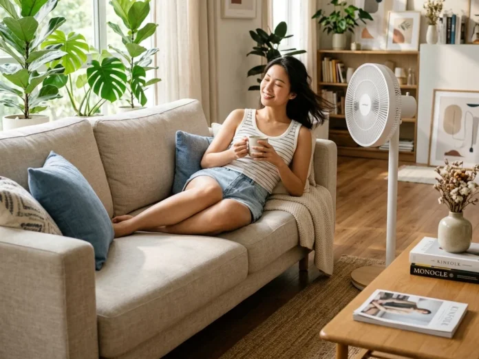 一位女孩在客廳沙發上吹著電風扇