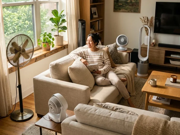 亞洲女性在舒適客廳享受四款電風扇的涼風