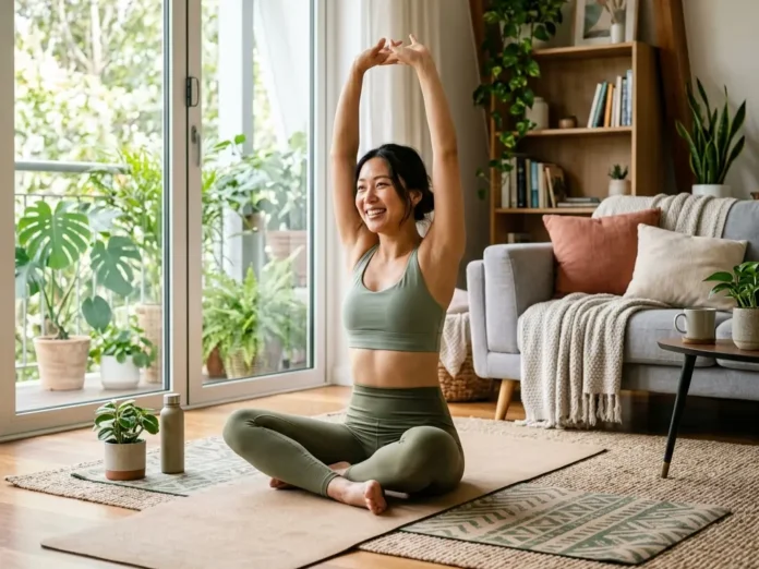 一個女生鋪上瑜珈墊在室內做瑜珈運動