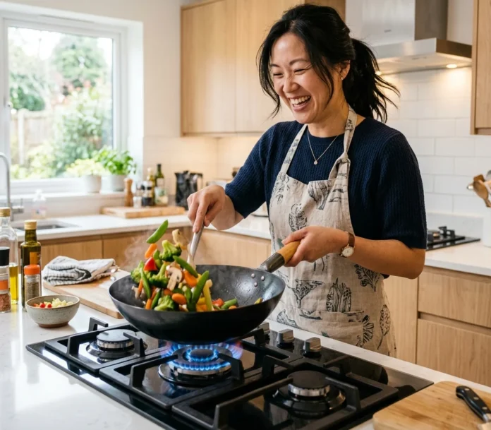 一位婦人在廚房使用瓦斯爐烹煮食物
